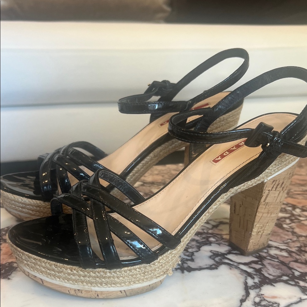 Prada Black Patent Wedge Sandals with Braided Platform